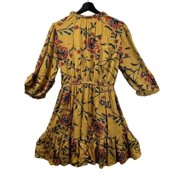 Knox Rose Dress Womens Small Golden Yellow Floral Folkloric A Line 3/4 Sleeves - Picture 2 of 13